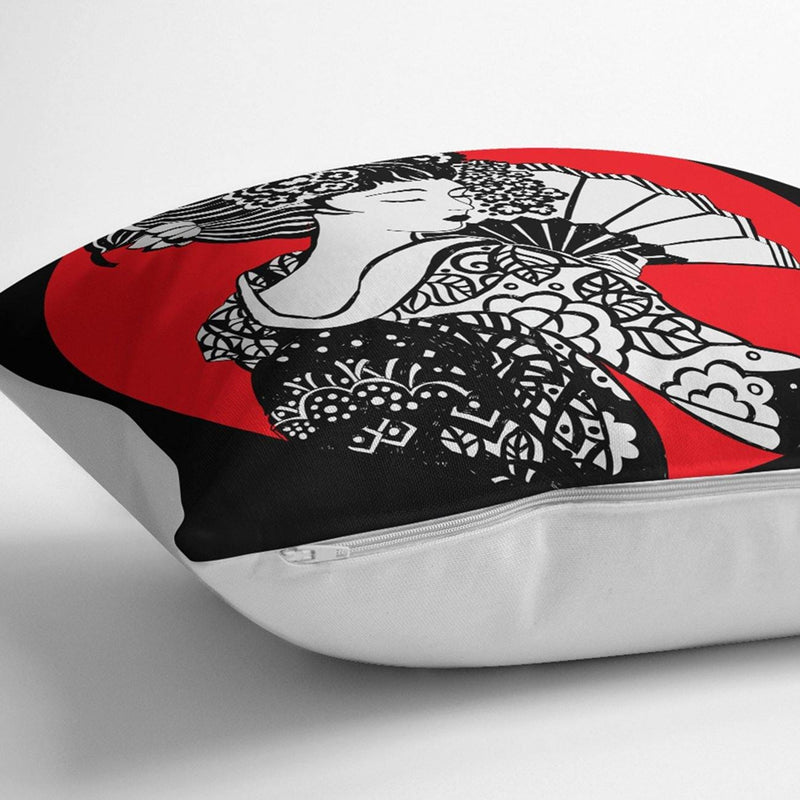 Siyah ve Kırmızı Zeminde Gri Japon Kız Motifli Yastık Kılıfı 43x43cm