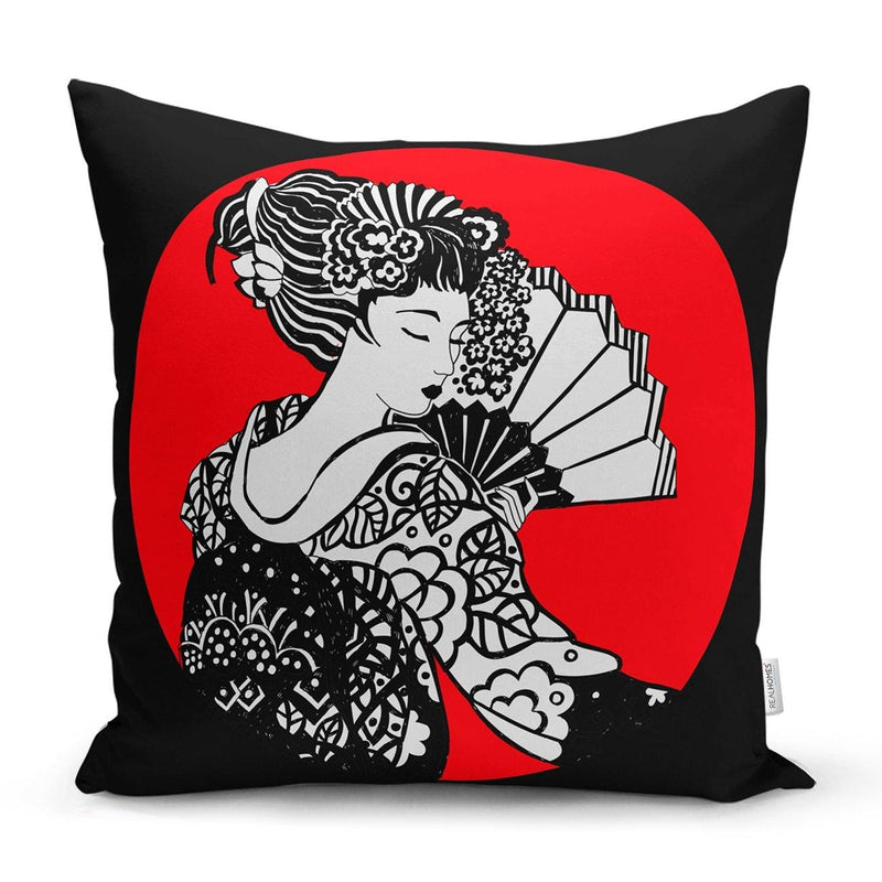 Siyah ve Kırmızı Zeminde Gri Japon Kız Motifli Yastık Kılıfı 43x43cm Bonvagon