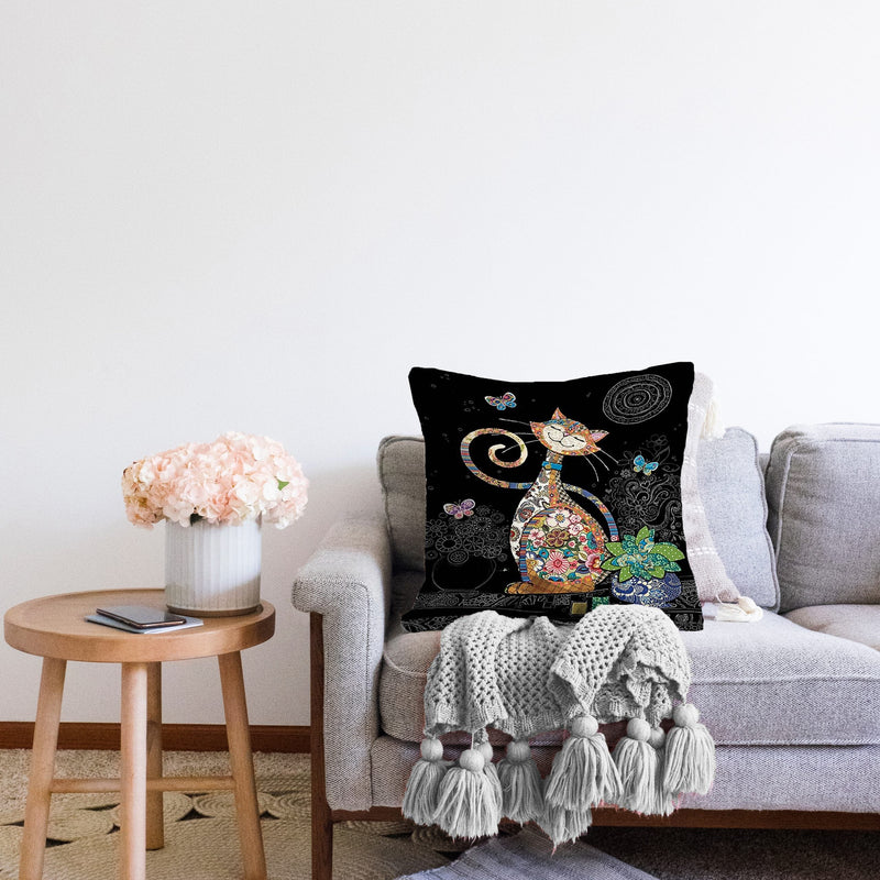 Siyah Zemin Çiçek Desenli Sevimli Kedi Özel Tasarım Modern Yastık Kırlent Kılıfı Bonvagon