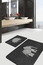 Siyah Zemin Etnik Fil Motifli 2li Banyo Halısı Takımı Kaymaz Taban Yıkanabilir Bonvagon