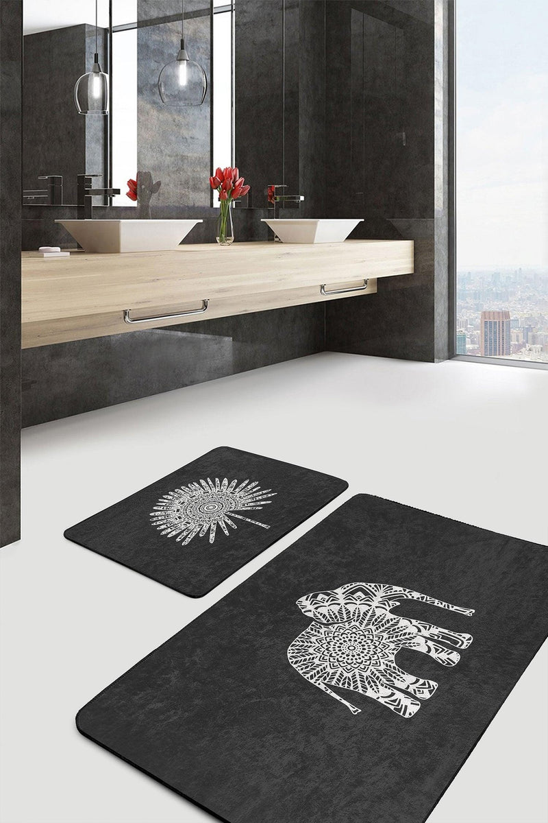 Siyah Zemin Etnik Fil Motifli 2li Banyo Halısı Takımı Kaymaz Taban Yıkanabilir Bonvagon