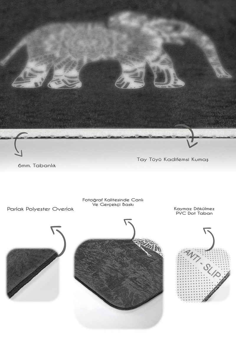 Siyah Zemin Etnik Fil Motifli 2li Banyo Halısı Takımı Kaymaz Taban Yıkanabilir Bonvagon