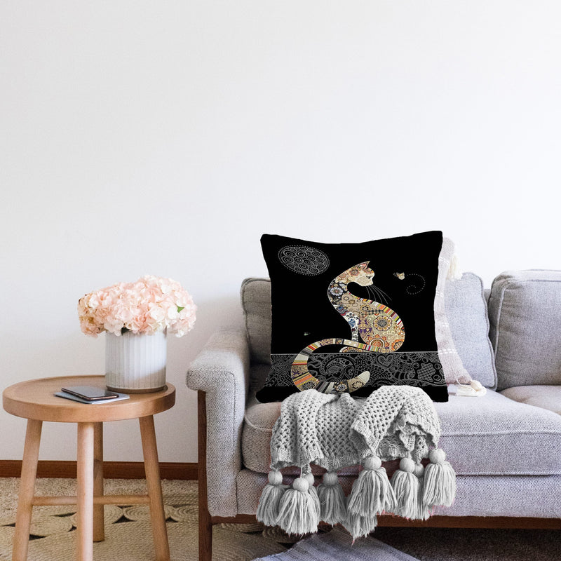 Siyah Zemin Mandala Desenli Kedi Tasarımlı Dijital Baskılı Modern Yastık Kırlent Kılıfı Bonvagon