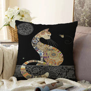 Siyah Zemin Mandala Desenli Kedi Tasarımlı Dijital Baskılı Modern Yastık Kırlent Kılıfı Bonvagon