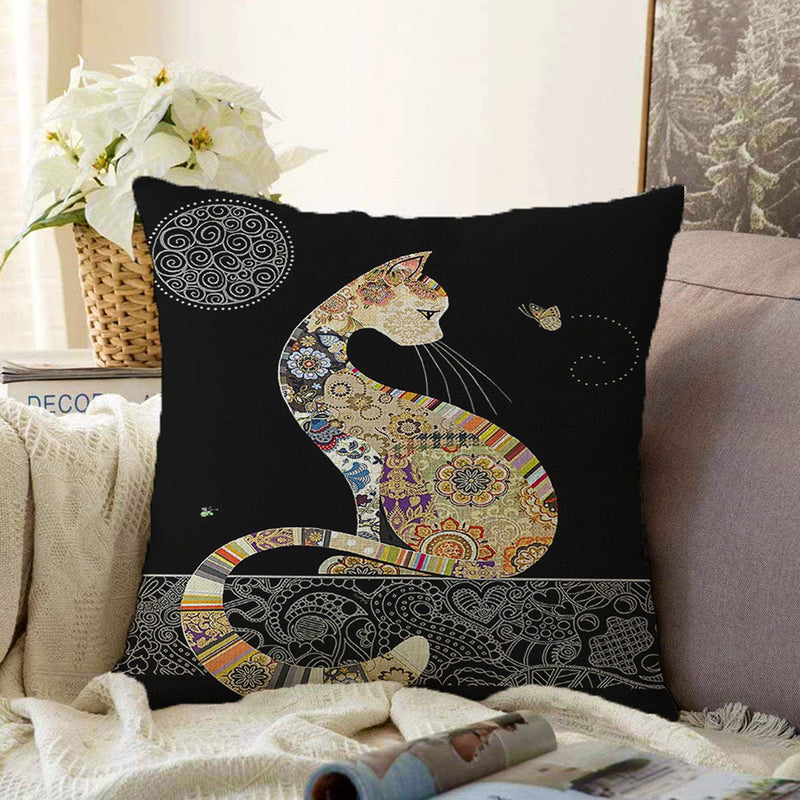 Siyah Zemin Mandala Desenli Kedi Tasarımlı Dijital Baskılı Modern Yastık Kırlent Kılıfı Bonvagon