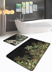 Siyah Zemin Tropik Ağaçlar Özel Tasarım 2li Banyo Halısı Takımı Kaymaz Taban Yıkanabilir Bonvagon