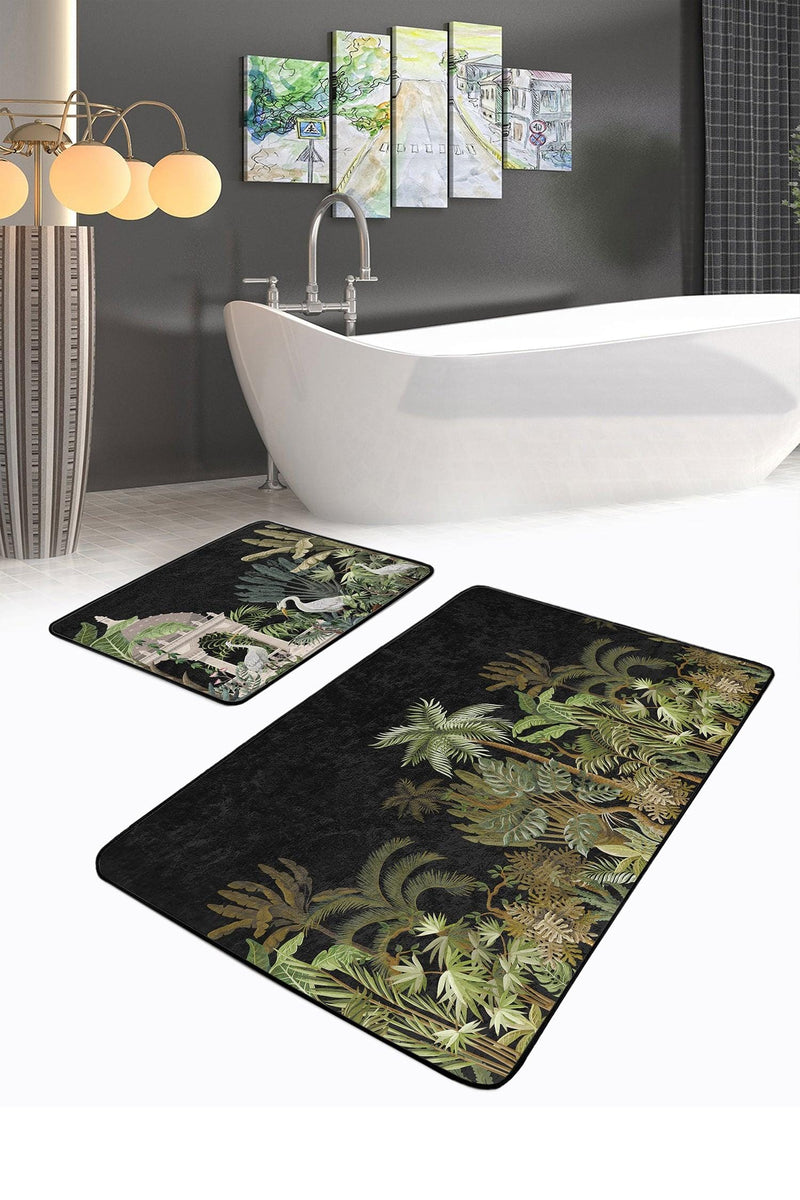 Siyah Zemin Tropik Ağaçlar Özel Tasarım 2li Banyo Halısı Takımı Kaymaz Taban Yıkanabilir Bonvagon