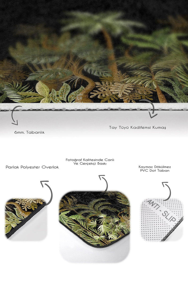 Siyah Zemin Tropik Ağaçlar Özel Tasarım 2li Banyo Halısı Takımı Kaymaz Taban Yıkanabilir Bonvagon
