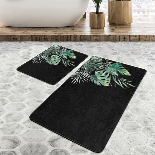 Siyah Zemin Tropik Yaprak Tasarımlı Dijital Baskılı 2li Banyo Halısı Takımı Kaymaz Taban Yıkanabilir Bonvagon