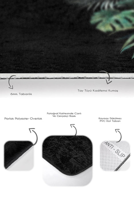 Siyah Zemin Tropik Yaprak Tasarımlı Dijital Baskılı 2li Banyo Halısı Takımı Kaymaz Taban Yıkanabilir Bonvagon