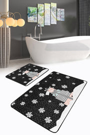 Siyah Zemin Yılbaşı Temalı Hediye Paketleri 2li Banyo Halısı Takımı Kaymaz Taban Yıkanabilir Bonvagon