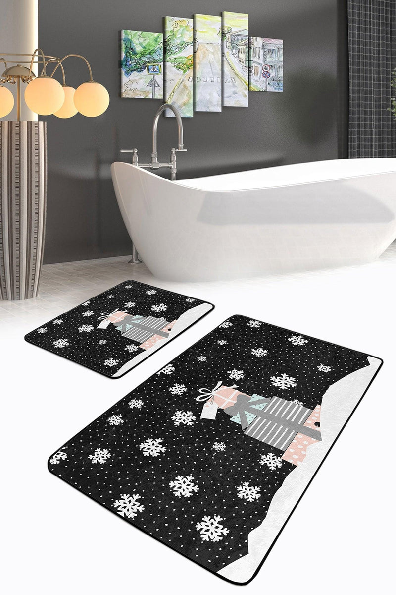 Siyah Zemin Yılbaşı Temalı Hediye Paketleri 2li Banyo Halısı Takımı Kaymaz Taban Yıkanabilir Bonvagon