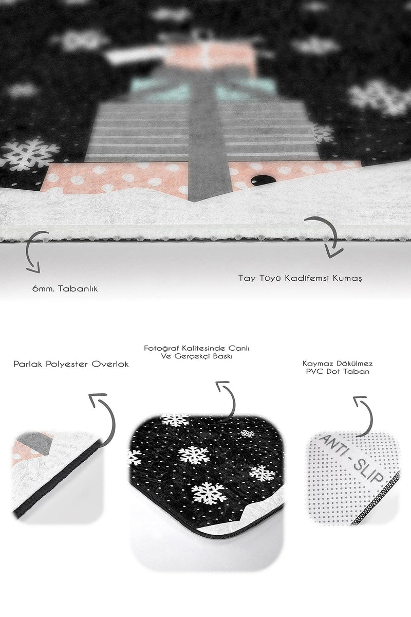 Siyah Zemin Yılbaşı Temalı Hediye Paketleri 2li Banyo Halısı Takımı Kaymaz Taban Yıkanabilir Bonvagon