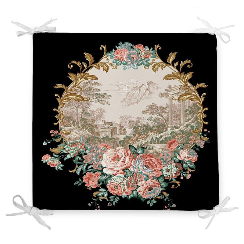 Siyah Zeminde Çiçek Bahçesi Exclusive Modern Tasarımlı Fermuarlı Sandalye Minderi Bonvagon