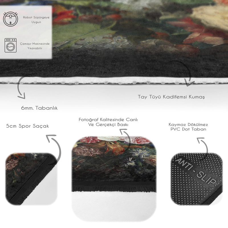 Siyah Zeminde Çiçek Motifli Dijital Baskılı Makinede Yıkanabilir Kaymaz Taban Saçaklı Halı Bonvagon