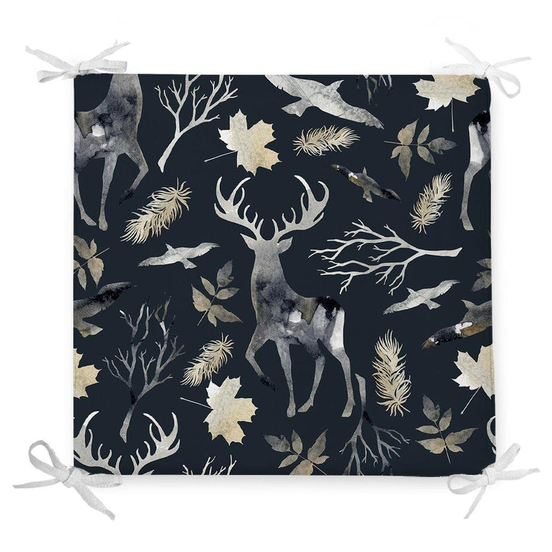 Siyah Zeminde Geyik ve Yaprak Desenli Fermuarlı Sandalye Minderi Bonvagon