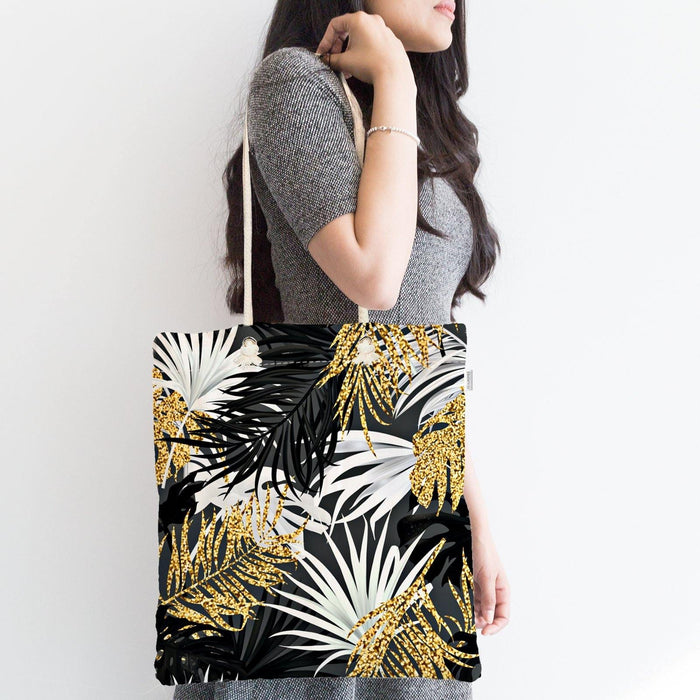 Siyah Zeminde Palmiye Yaprakları Özel Tasarım Fermuarlı Kumaş Çanta Bonvagon