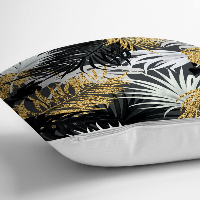 Siyah Zeminde Palmiye Yaprakları Özel Tasarım Yastık Kırlent Kılıfı 43x43cm Bonvagon