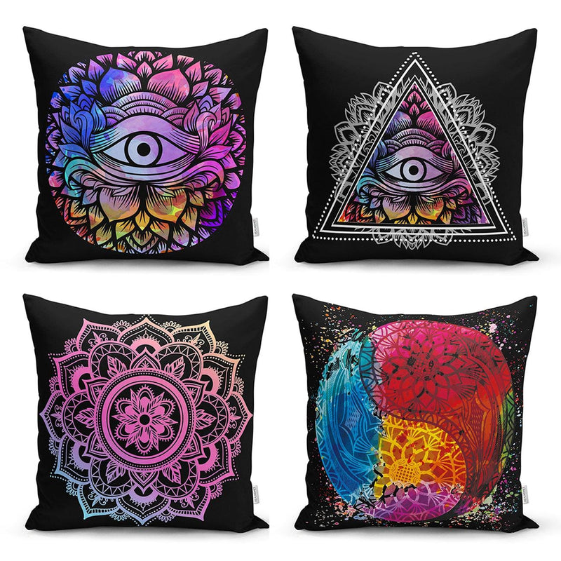 Siyah Zeminde Rengarenk Mandala Motifli Dijital Baskılı 4lü Kırlent Kılıf Seti Bonvagon