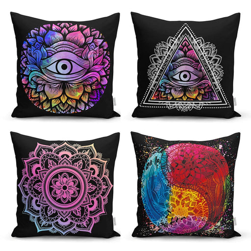 Siyah Zeminde Rengarenk Mandala Motifli Dijital Baskılı 4lü Kırlent Kılıf Seti Bonvagon