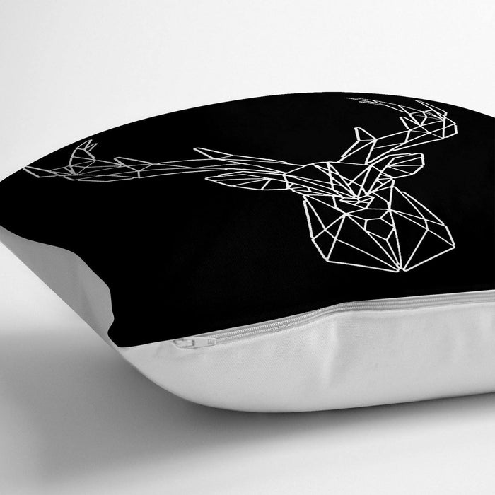 Siyah Zeminli Geometrik Geyik Çizimli Modern 70x70cm Dolgulu Yer Minderi Bonvagon