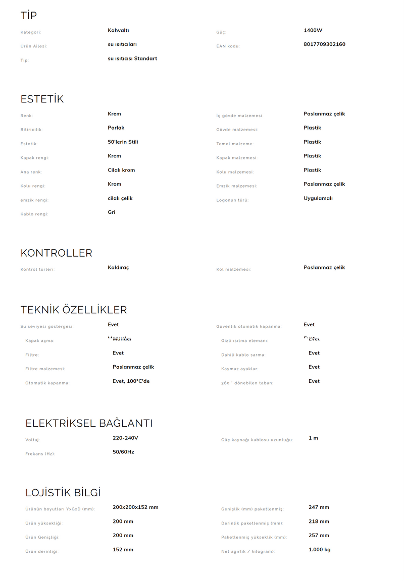 Smeg Mini Kettle Su Isıtıcısı Klf05creu Krem Bonvagon