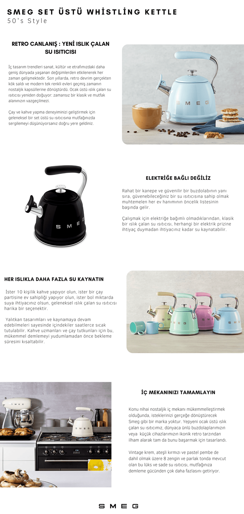 Smeg Ocak Üstü Islıklı Whistling Kettle Su Isıtıcısı Pastel Mavi CKLW2001PB Bonvagon
