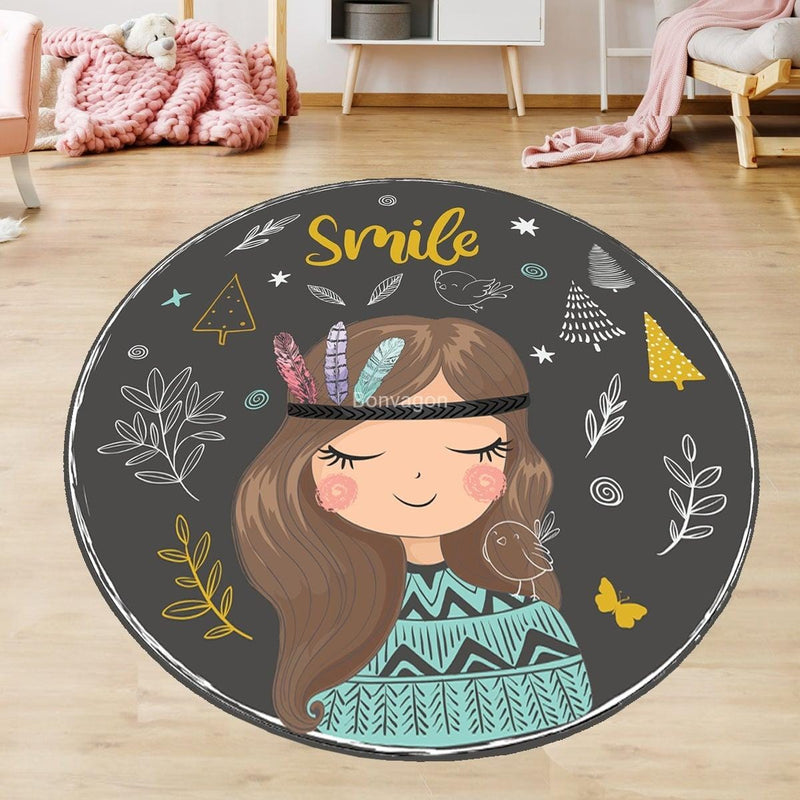 Smile Yeo Dijital Baskılı Yuvarlak Çocuk Halısı, Kaymaz Taban, Yıkanabilir Bonvagon