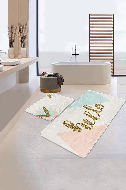 Soft Renkli Gold Detaylı Hello Temalı 2li Banyo Halısı Takımı Kaymaz Taban Yıkanabilir Bonvagon