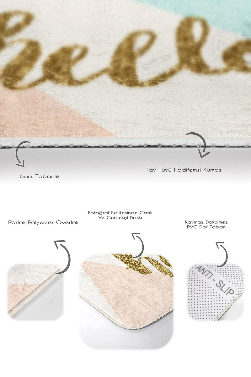 Soft Renkli Gold Detaylı Hello Temalı 2li Banyo Halısı Takımı Kaymaz Taban Yıkanabilir Bonvagon