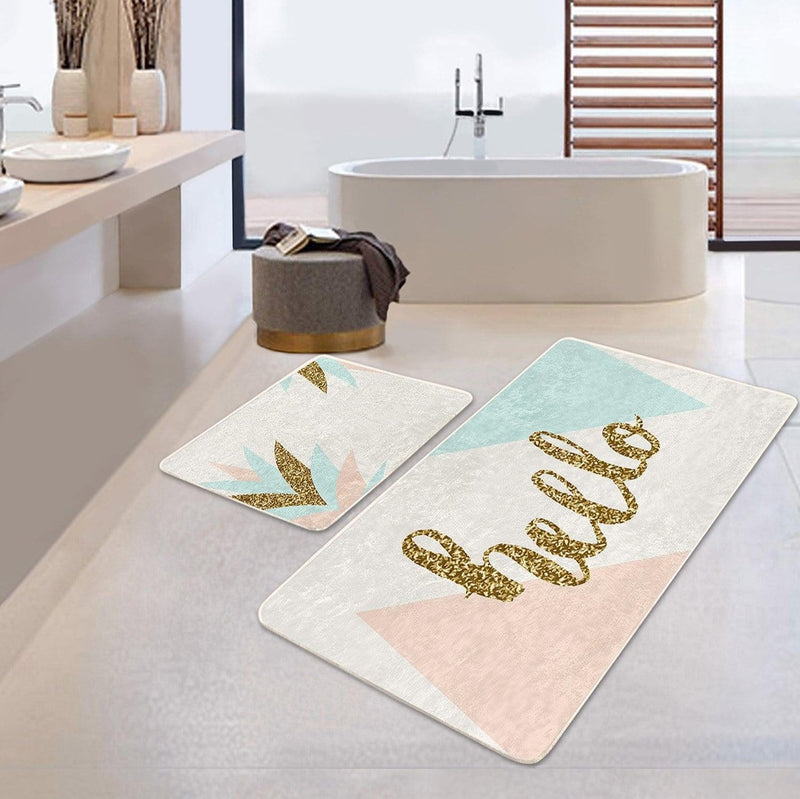 Soft Renkli Gold Detaylı Hello Temalı 2li Banyo Paspas ve Halısı Takımı Kaymaz Taban Yıkanabilir