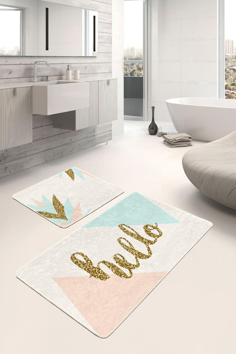 Soft Renkli Gold Detaylı Hello Temalı 2li Banyo Paspas ve Halısı Takımı Kaymaz Taban Yıkanabilir