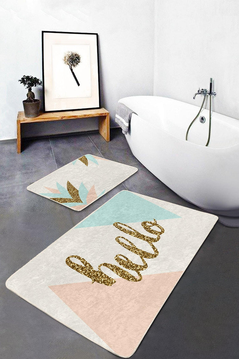 Soft Renkli Gold Detaylı Hello Temalı 2li Banyo Paspas ve Halısı Takımı Kaymaz Taban Yıkanabilir