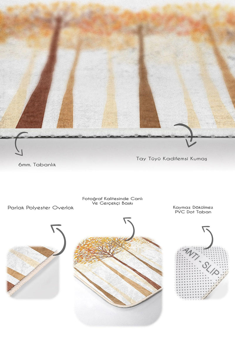 Sonbahar Temalı Turuncu Kavak Ağaçları 2li Banyo Halısı Takımı Kaymaz Taban Yıkanabilir Bonvagon