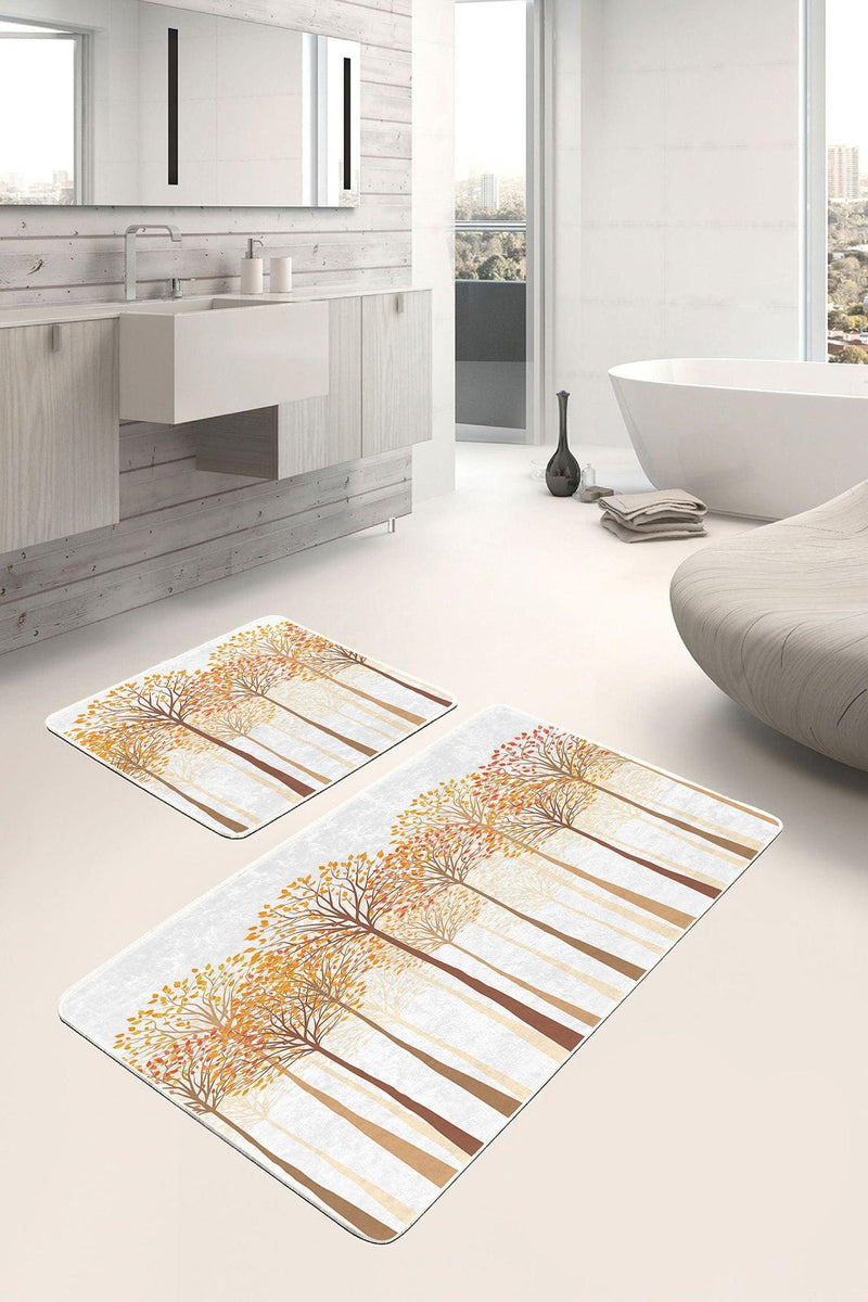 Sonbahar Temalı Turuncu Kavak Ağaçları 2li Banyo Paspas ve Halısı Takımı Kaymaz Taban Yıkanabilir