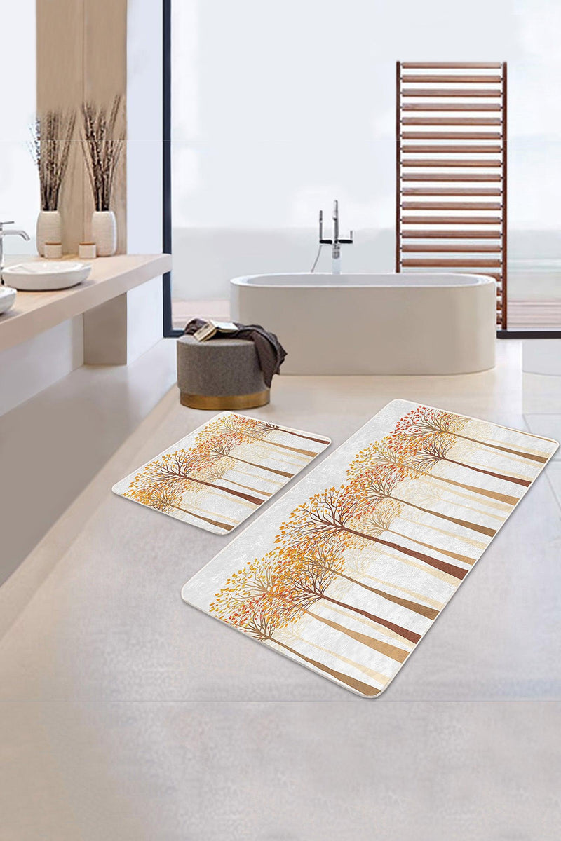 Sonbahar Temalı Turuncu Kavak Ağaçları 2li Banyo Paspas ve Halısı Takımı Kaymaz Taban Yıkanabilir
