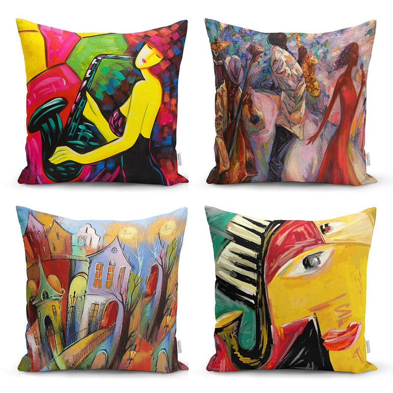 Soyut Sulu Boya Çalışması Tasarımlı 4lü Kırlent Kılıf Seti Bonvagon