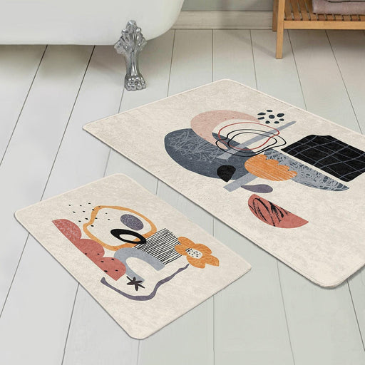 Soyut Tasarımlı Dijital Baskılı 2li Banyo Halısı Takımı Kaymaz Taban Yıkanabilir Bonvagon