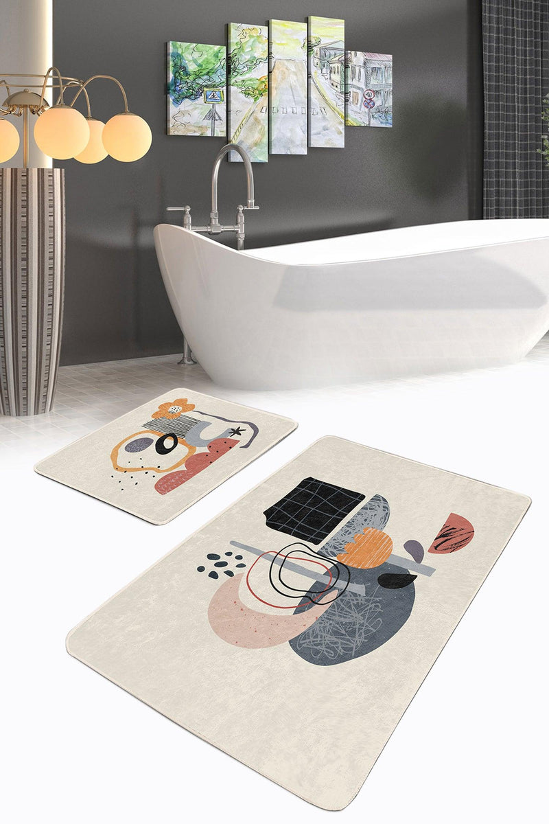 Soyut Tasarımlı Dijital Baskılı 2li Banyo Paspas ve Halısı Takımı Kaymaz Taban Yıkanabilir