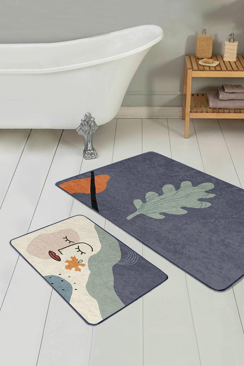 Soyut Tasarımlı Onedraw Motifli Dijital Baskılı 2li Banyo Paspas ve Halısı Takımı Kaymaz Taban Yıkanabilir