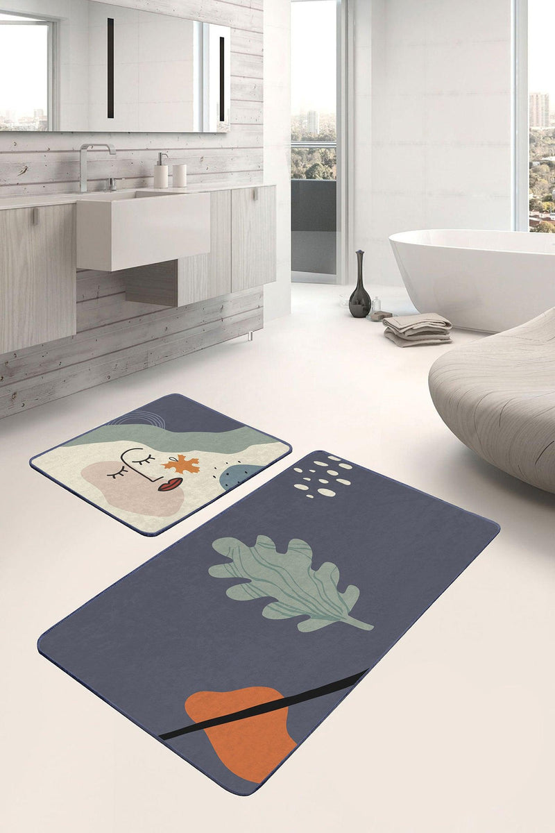 Soyut Tasarımlı Onedraw Motifli Dijital Baskılı 2li Banyo Paspas ve Halısı Takımı Kaymaz Taban Yıkanabilir