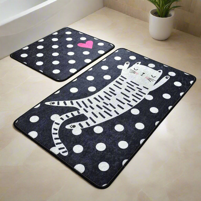 Spotted Cat Dijital Baskılı 2li Set Banyo Halısı, Kaymaz Taban, Yıkanabilir Bonvagon