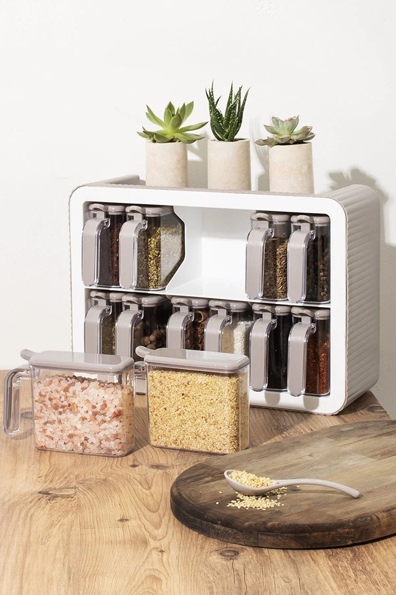 Standlı 12li Kendinden Yapışkanlı Kaşıklı Kapaklı Baharatlık Takımı - Beyaz Bonvagon