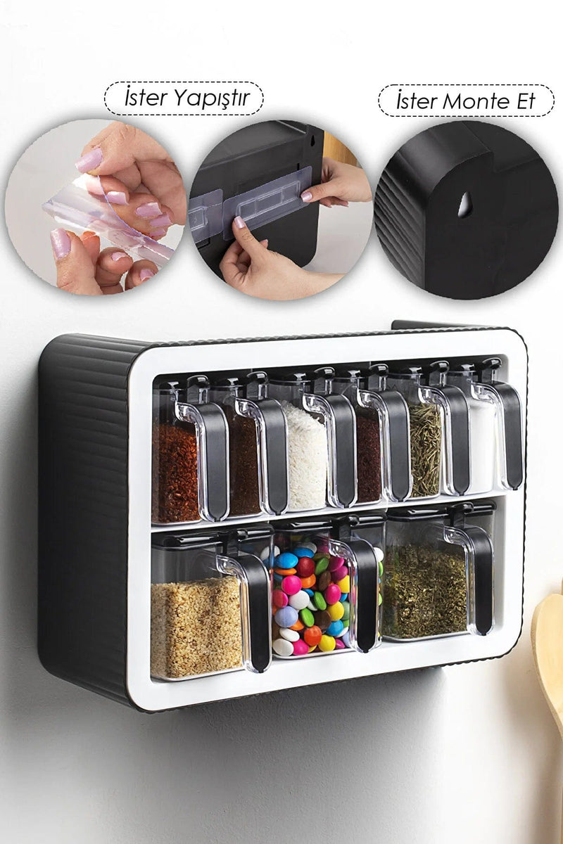 Standlı 9lu Baharatlık Takımı Kendinden Yapışkanlı Kaşıklı Ve Kapaklı Baharatlık Seti Beyaz Bonvagon