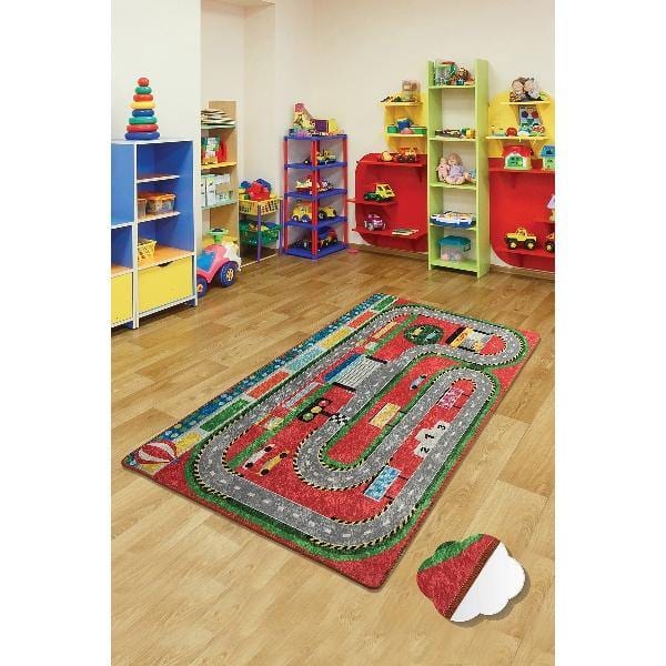 Station Yıkanabilir Antibakteriyel Çocuk Halısı Kırmızı, Kaymaz Taban, Yıkanabilir Bonvagon
