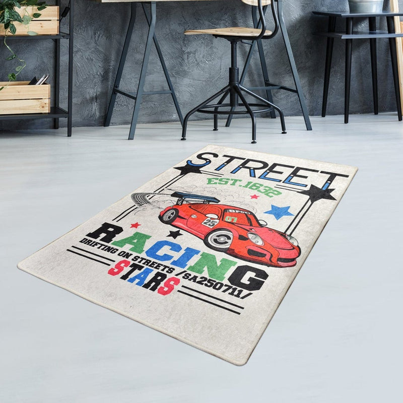 Street Racing Yıkanabilir Antibakteriyel Çocuk Halısı, Kaymaz Taban, Yıkanabilir Bonvagon