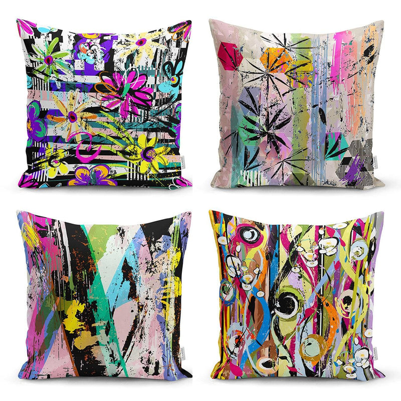 Sulu Boya Fırça Darbeli Geometrik Desenli 4lü Kırlent Kılıf Seti Bonvagon