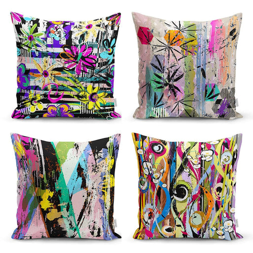 Sulu Boya Fırça Darbeli Geometrik Desenli 4lü Kırlent Kılıf Seti Bonvagon