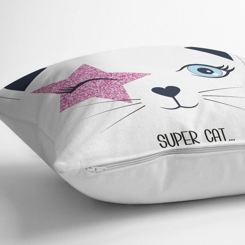 Super Cat Motifli Modern Dijital Baskılı Yastık Kılıfı 43x43cm