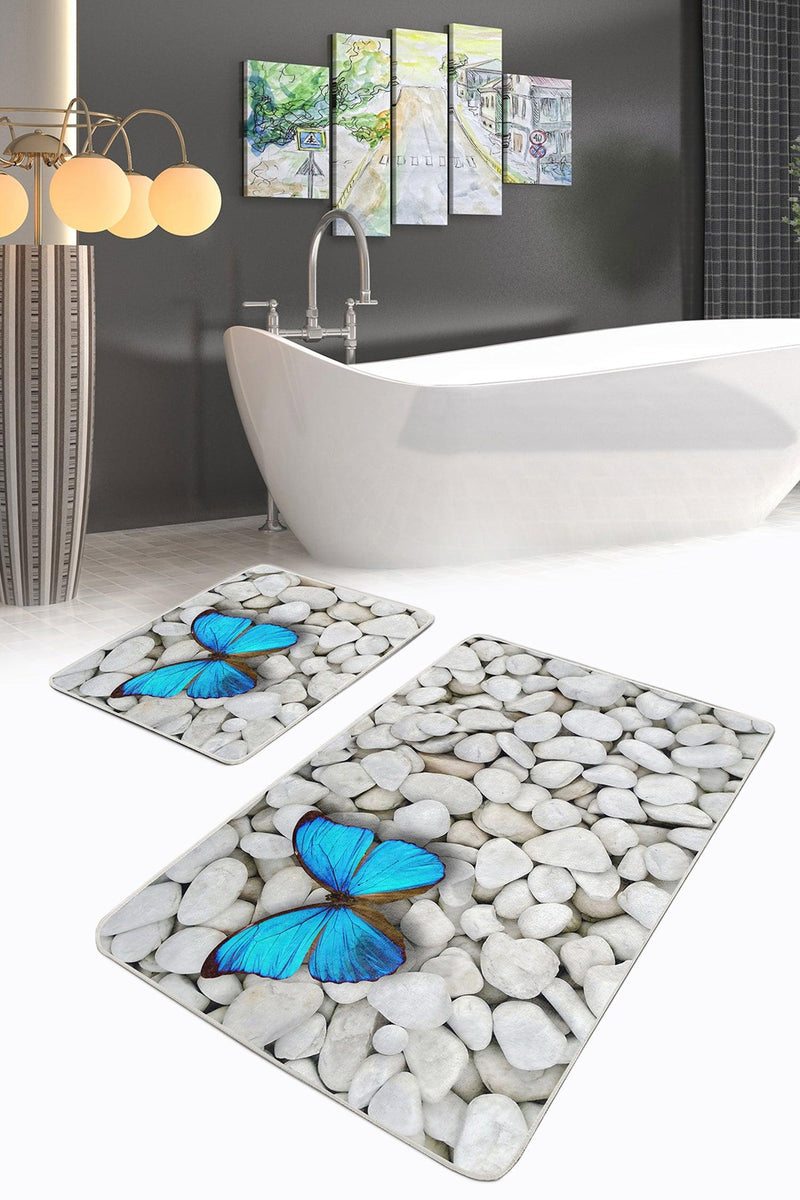 Taş Zemin Mavi Kelebek Dijital Baskılı 2li Banyo Halısı Takımı Kaymaz Taban Yıkanabilir Bonvagon